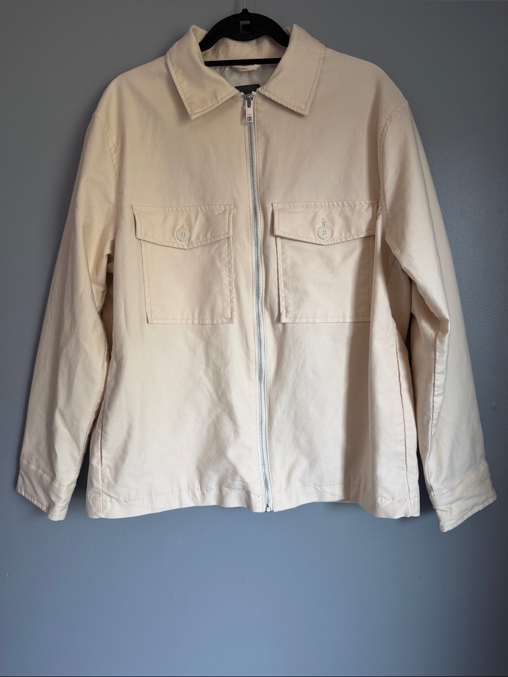H&M Men’s Cream Cotton Causal Canvas Zip-Front Utility Jacket Overshirt Large